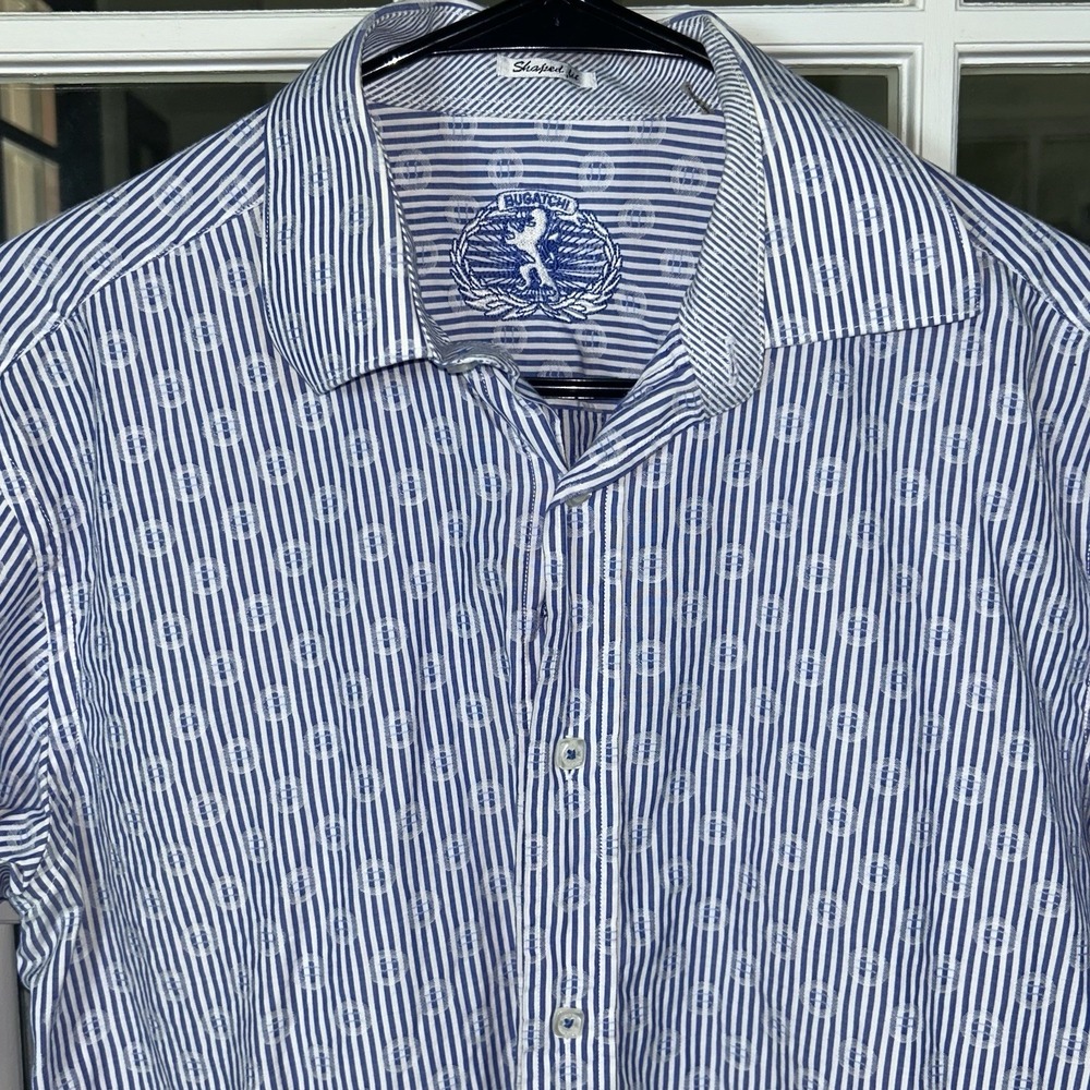 Bugatchi‎ Shaped Fit Blue White Stripe Medallion Print Dress Shirt Men's Medium - Picture 4 of 16